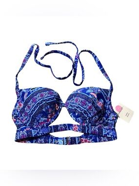 George Ladies Bikini Top Blue Floral Print Underwire Halter Size XS NWT